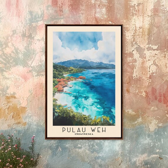 Pulau Weh Indonesia Aerial Overwater Bungalows Turquoise Reef Bay Watercolor Poster