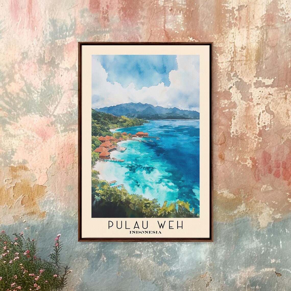 Pulau Weh Indonesia Aerial Overwater Bungalows Turquoise Reef Bay Watercolor Poster