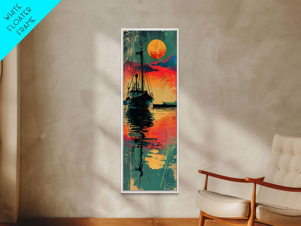 Fishing Boat Sunset Reflection Harbor Vibrant Japanese Art Poster - Image 2