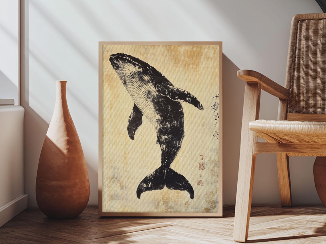 Japanese Humpback Whale Ink Painting Vintage Ocean Wall Poster - Image 3