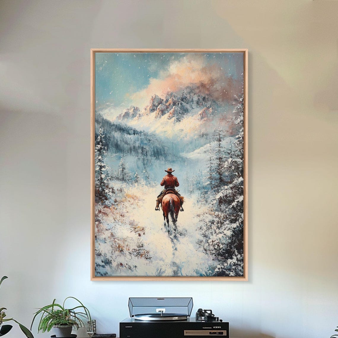 Cowboy Riding Through Misty Snowy Valley Pine Forest Winter Poster - Image 2