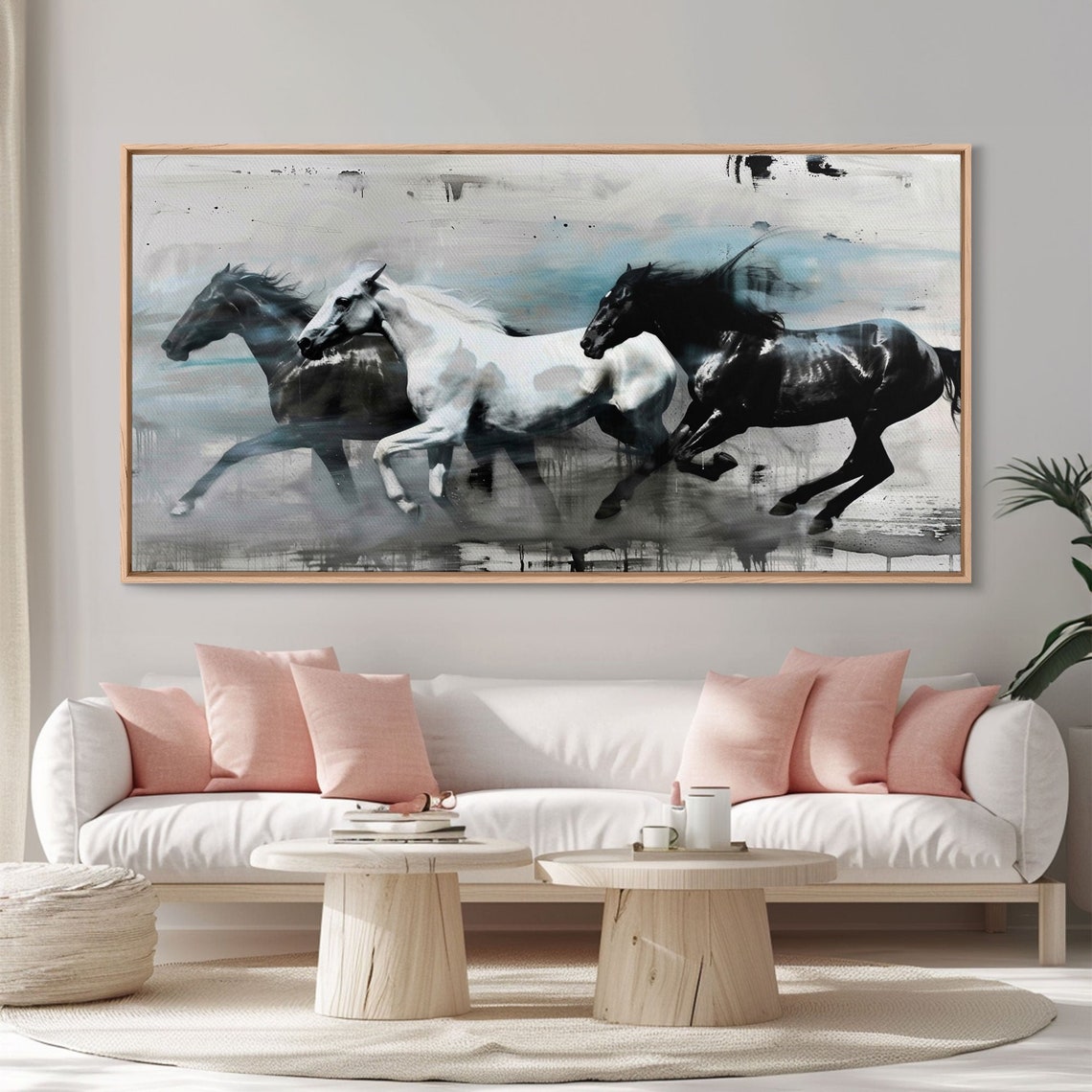 Black And White Horses Running Abstract Ink Wash Equestrian Art Poster - Image 3