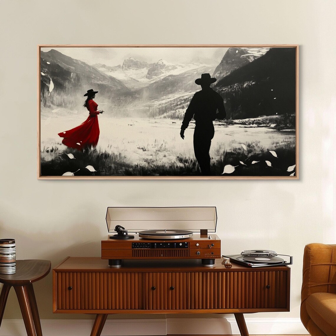 Red Dress Cowgirl Cowboy Silhouette In Snowy Mountain Lake Art Poster - Image 4