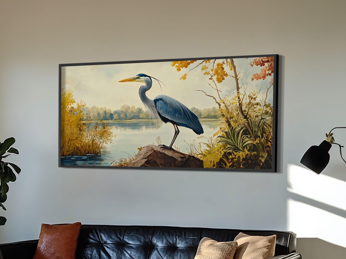 Blue Heron On Rock By Autumn Lake Bird Painting Wall Art Print - Image 3