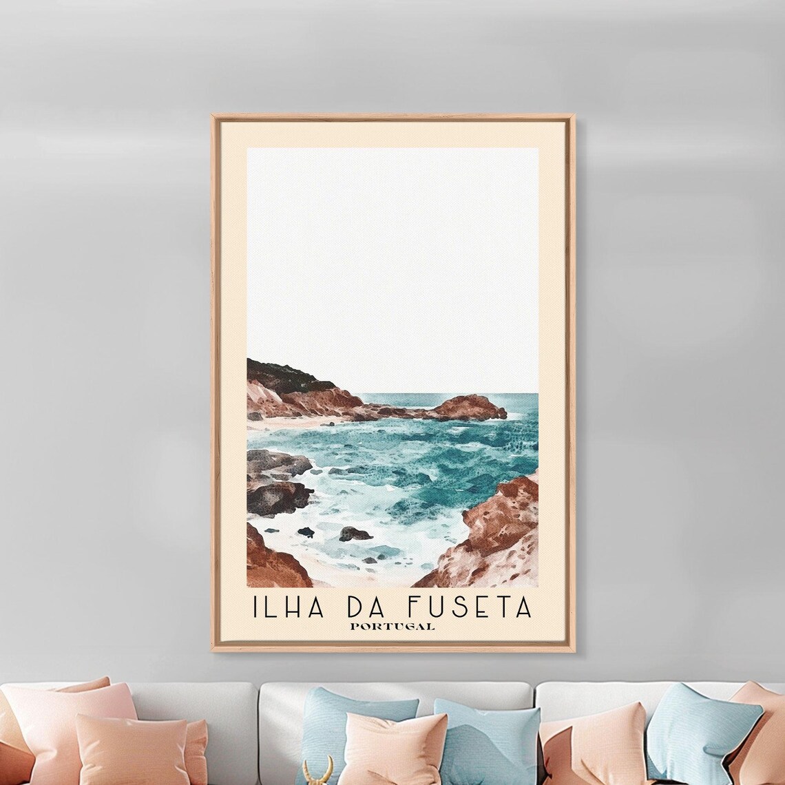 Ilha Da Fuseta Portugal Red Rocky Cove Turquoise Surf Watercolor Art Poster - Image 3