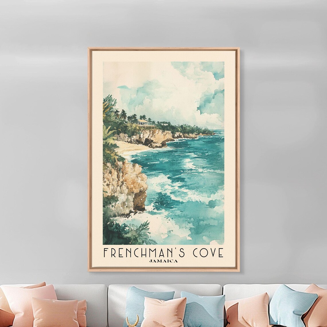 Frenchmans Cove Jamaica Rocky Cliff Cove Teal Ocean Watercolor Poster - Image 3