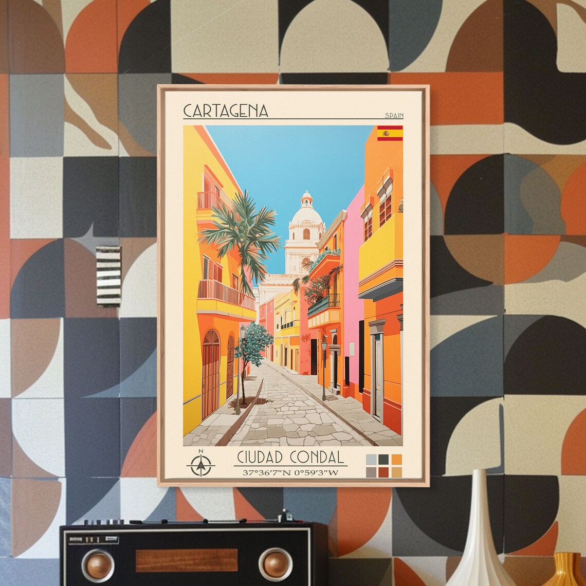 Cartagena Spain Sunny Cobblestone Alley Palm Trees Old Town Poster - Image 2