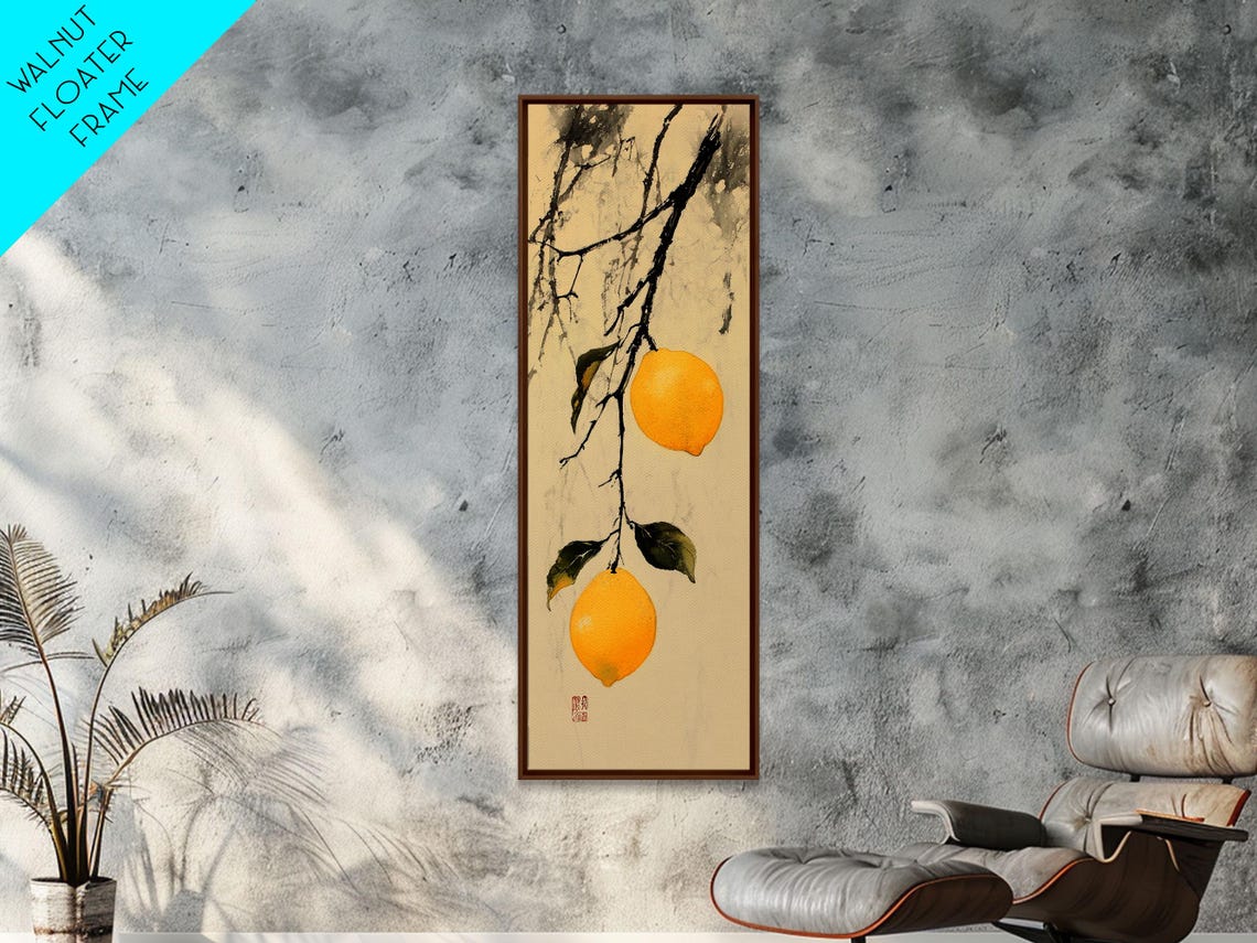 Elegant Lemons On Ink Branch Japanese Sumi Style Botanical Art Poster