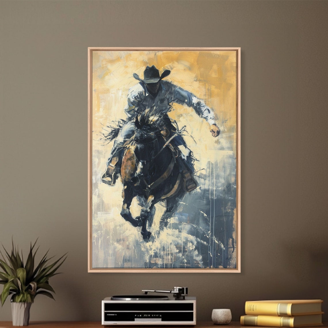 Cowboy Riding Bucking Horse Golden Abstract Western Art Poster - Image 2