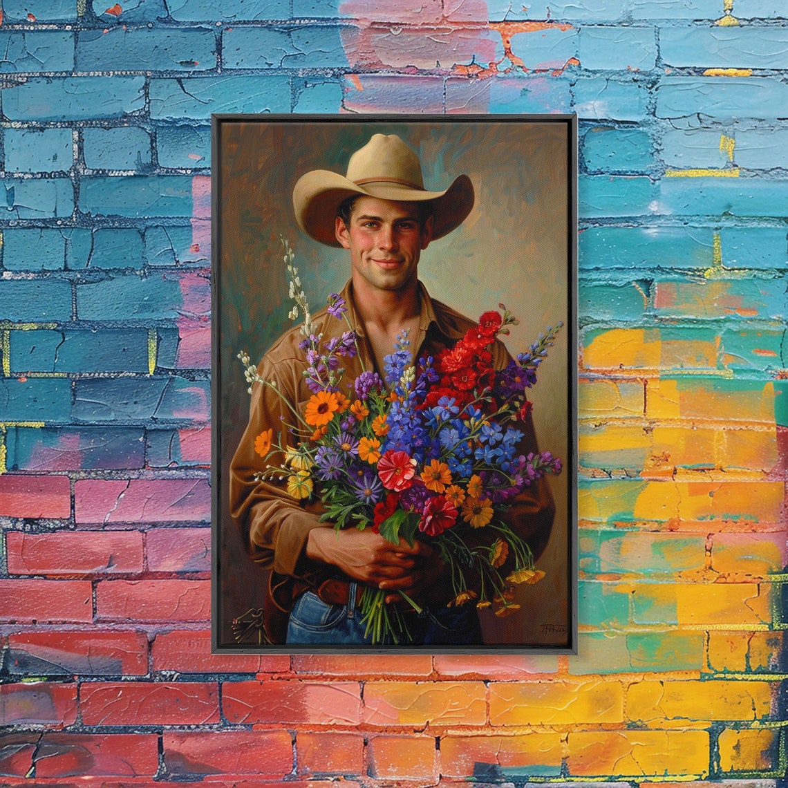 Handsome Cowboy Holding Wildflower Bouquet Western Art Poster - Image 2
