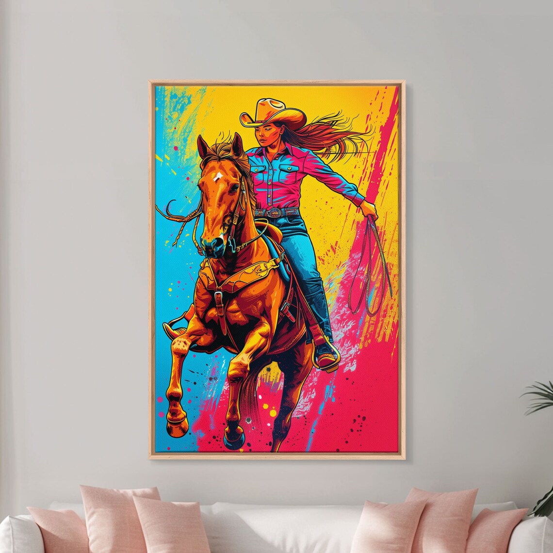 Pop Art Cowgirl Riding Horse Bright Yellow Western Rodeo Art Poster - Image 4