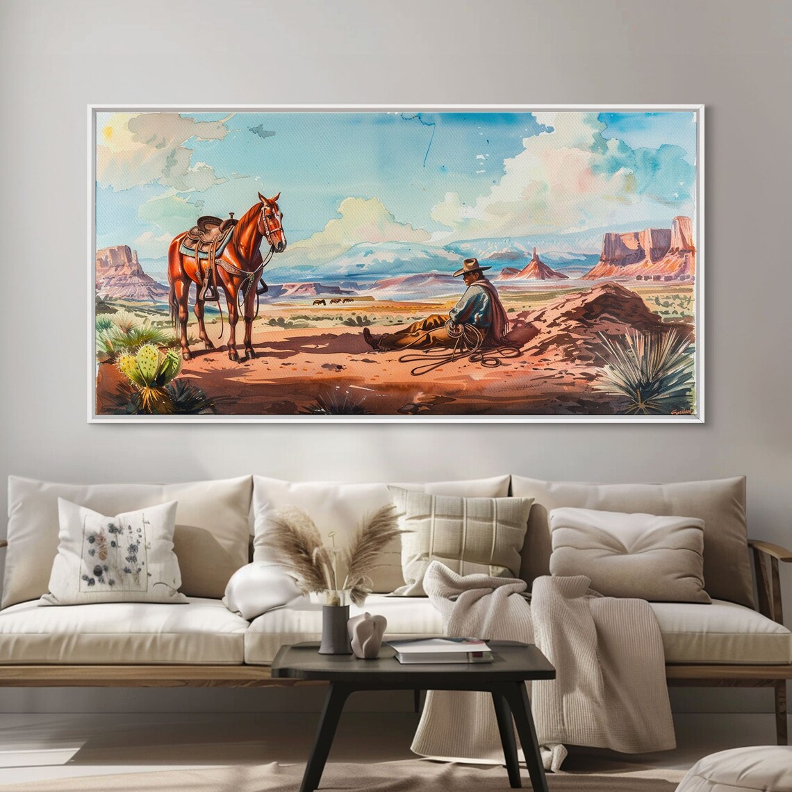Cowboy Sitting Beside Horse Desert Valley Mesas Watercolor Poster