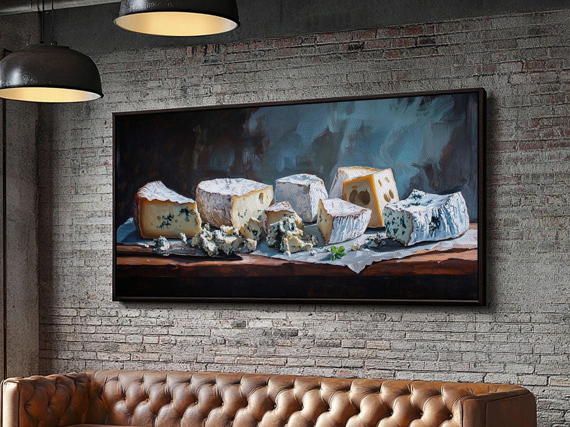 Blue Cheese Wedges Still Life Dark Table Rustic Oil Painting Print - Image 6