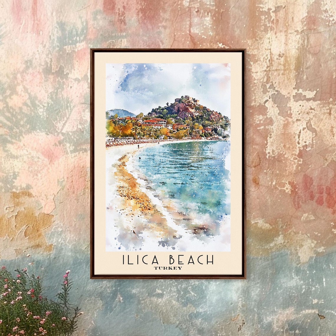 Ilica Beach Turkey Sandy Bay Castle Hill Watercolor Coastline Poster - Image 4