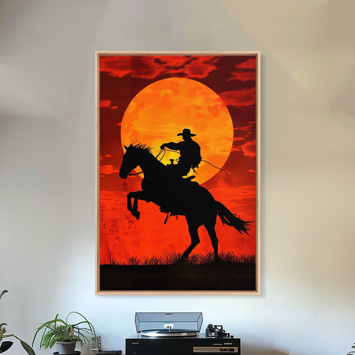 Cowboy Silhouette Rearing Horse Giant Orange Sunset Wall Art - Image 5