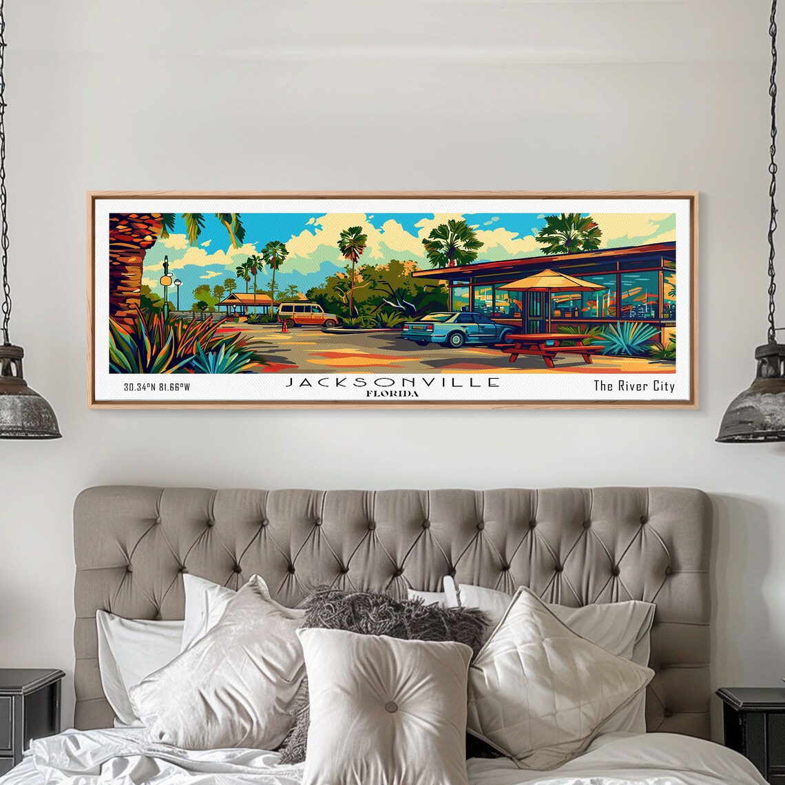 Jacksonville Florida Retro Cafe Palm Trees Vintage Cars Travel Poster
