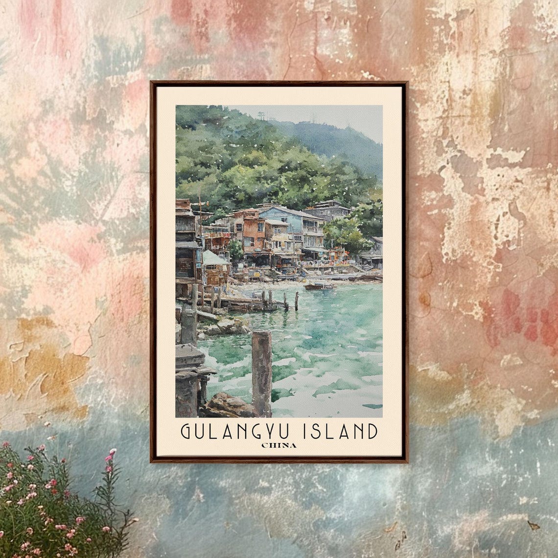 Gulangyu Island China Waterfront Village Green Hills Watercolor Poster - Image 4