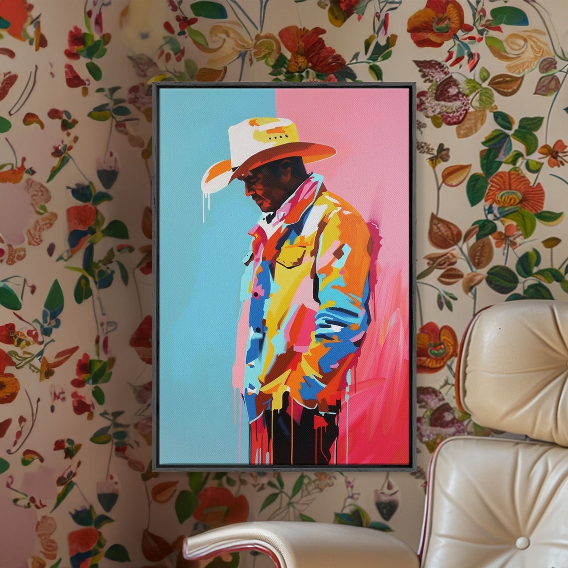 Pensive Cowboy Portrait Colorful Hat Abstract Western Pop Art Poster - Image 2