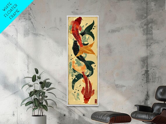 Ukiyo E Art Of Two Koi Fish Skinny Art Tall Art Japanese Style Art Wood Block Print Framed Print