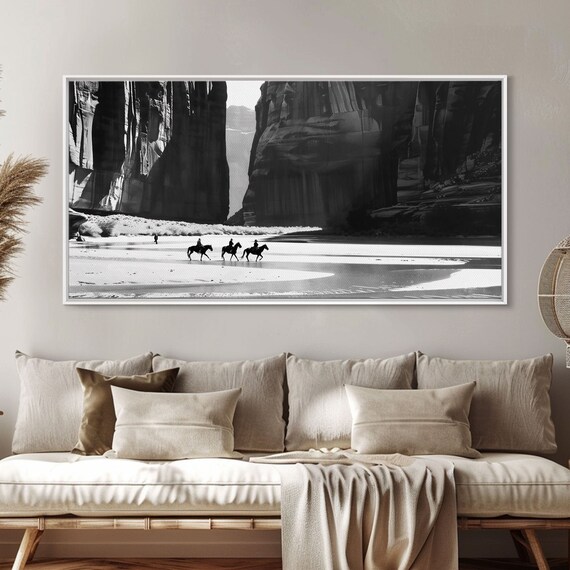 Cowboys Riding In Dusty Canyon Striking Wall Art For Living Room Or Bedroom Framed Print Home Decoration