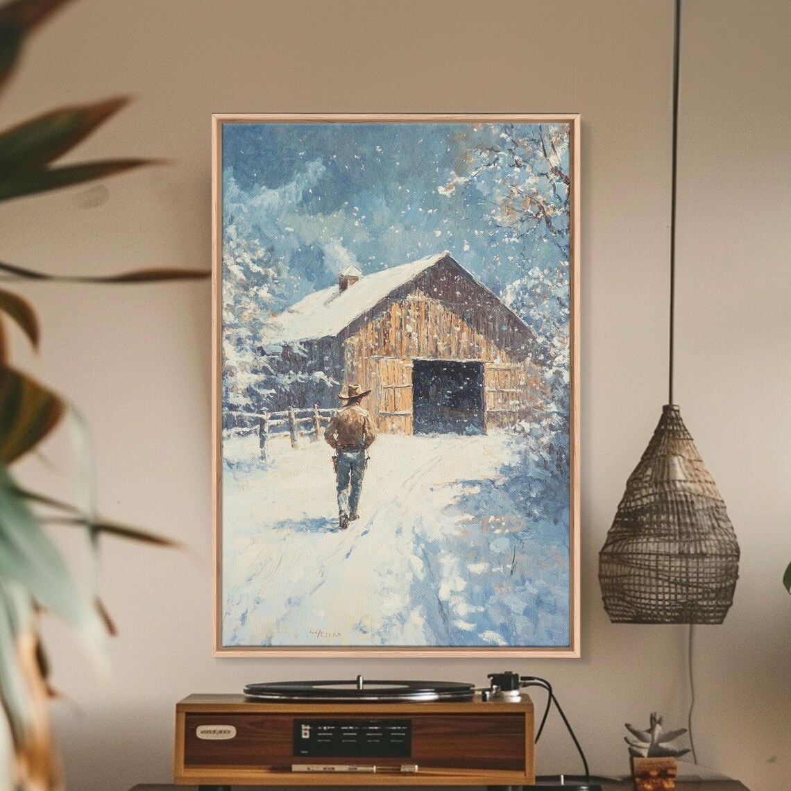 Cowboy Walking To Wooden Barn In Heavy Snow Winter Farm Scene Poster - Image 5