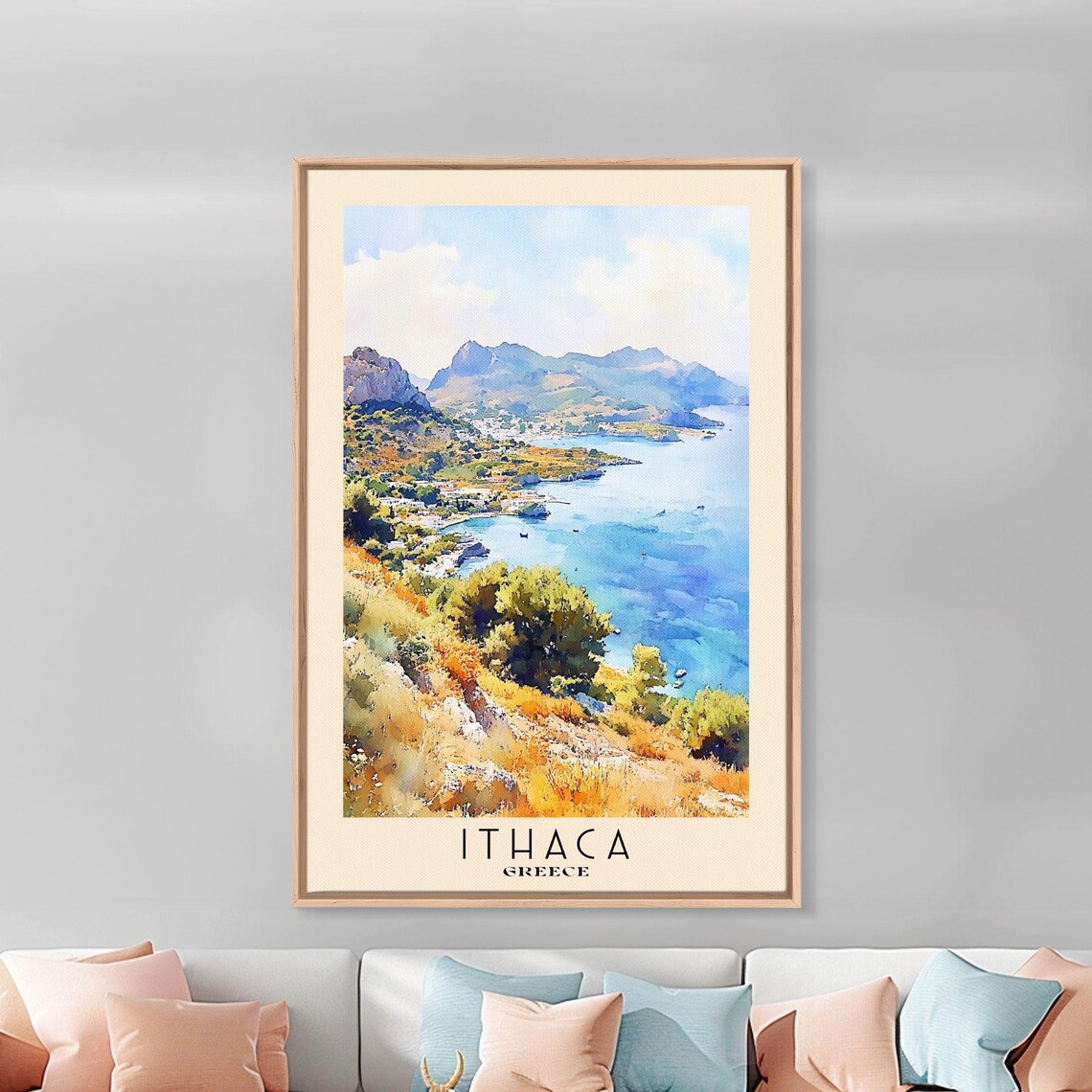 Ithaca Greece Bay Hillside Golden Autumn Coast Watercolor Travel Poster - Image 3