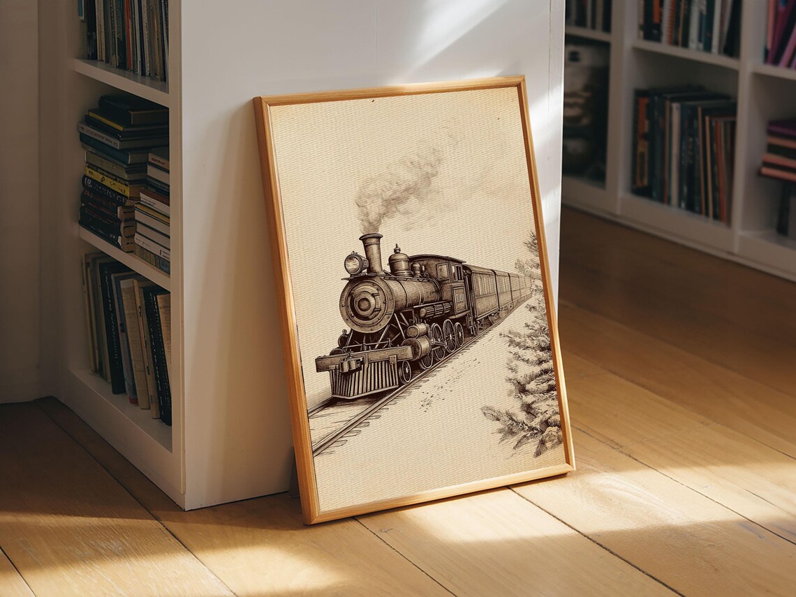Vintage Steam Locomotive Sepia Sketch Railroad Train Enthusiast Poster - Image 2