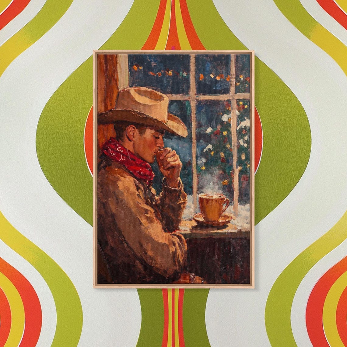 Cowboy Sipping Coffee By Night Window Steaming Mug Cozy Western Poster - Image 2