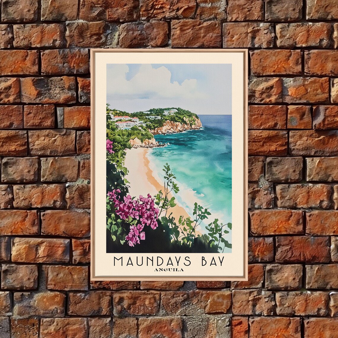 Maundays Bay Anguilla Flowering Cliffs Turquoise Cove Watercolor Poster - Image 4