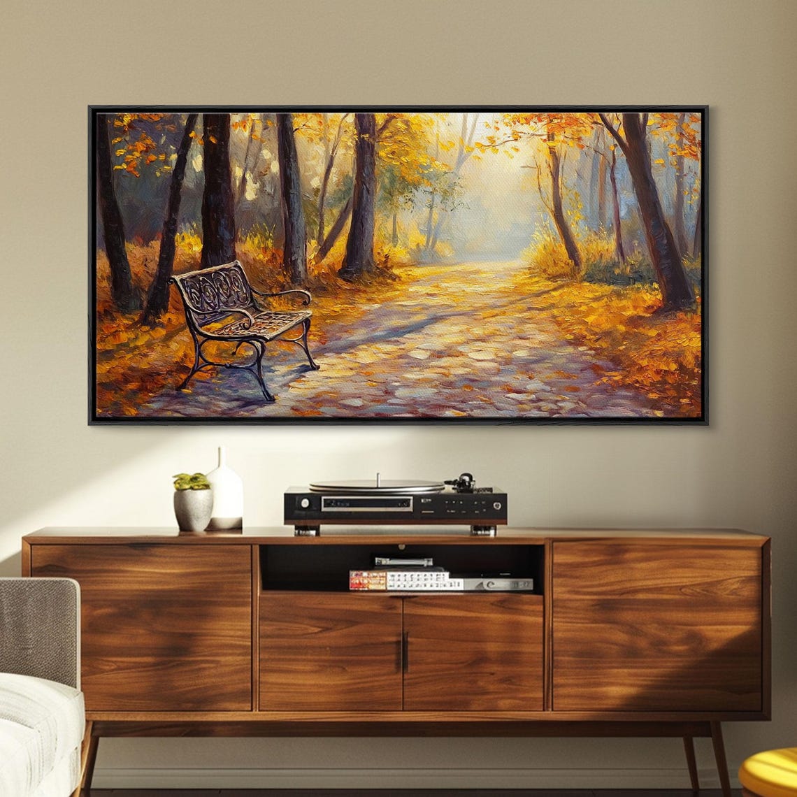 Golden Autumn Park Path Iron Bench Sunlight Fall Painting Print - Image 4