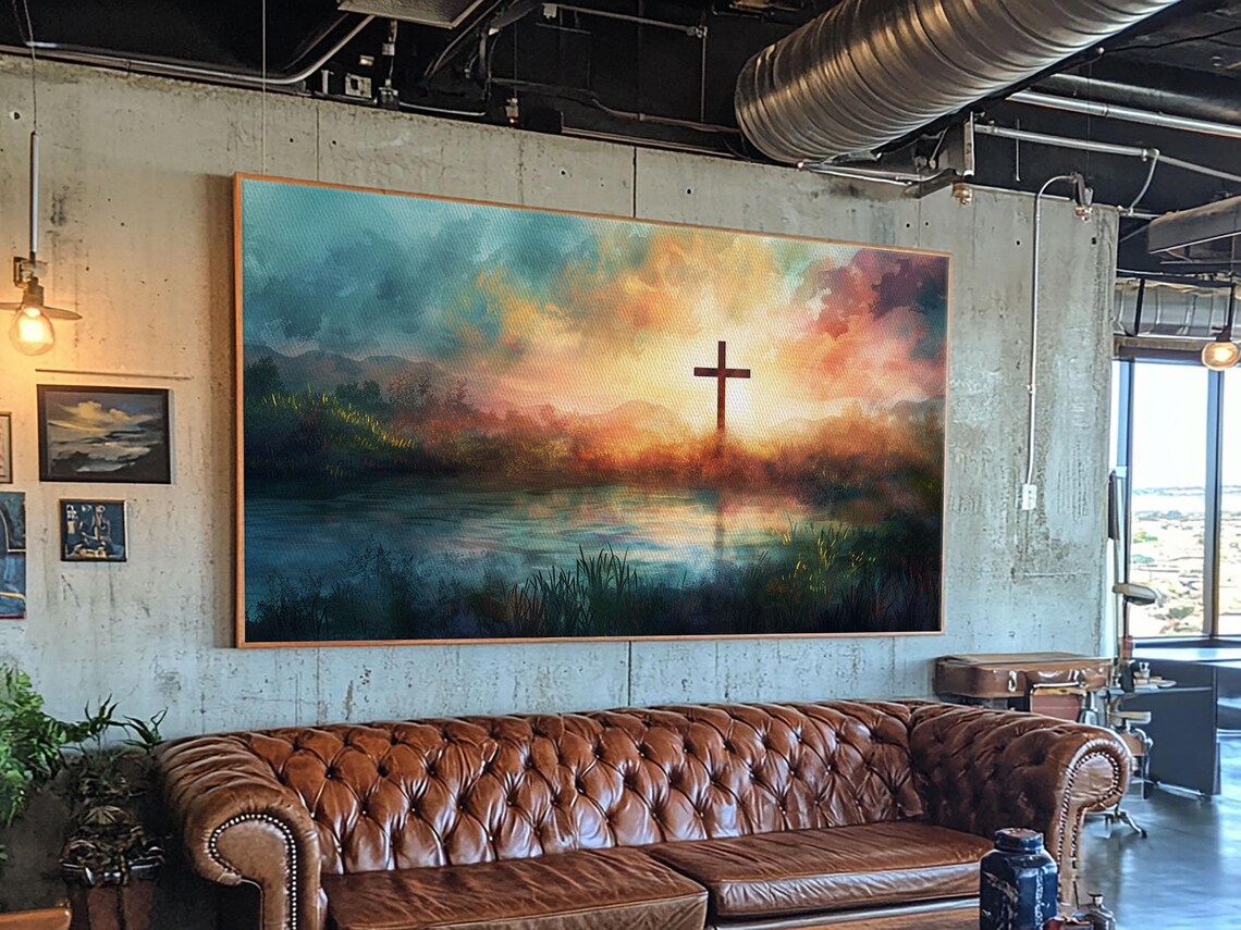 Christian Cross Silhouette Colorful Lake Sunset Peaceful Faith Wall Poster - Image 3