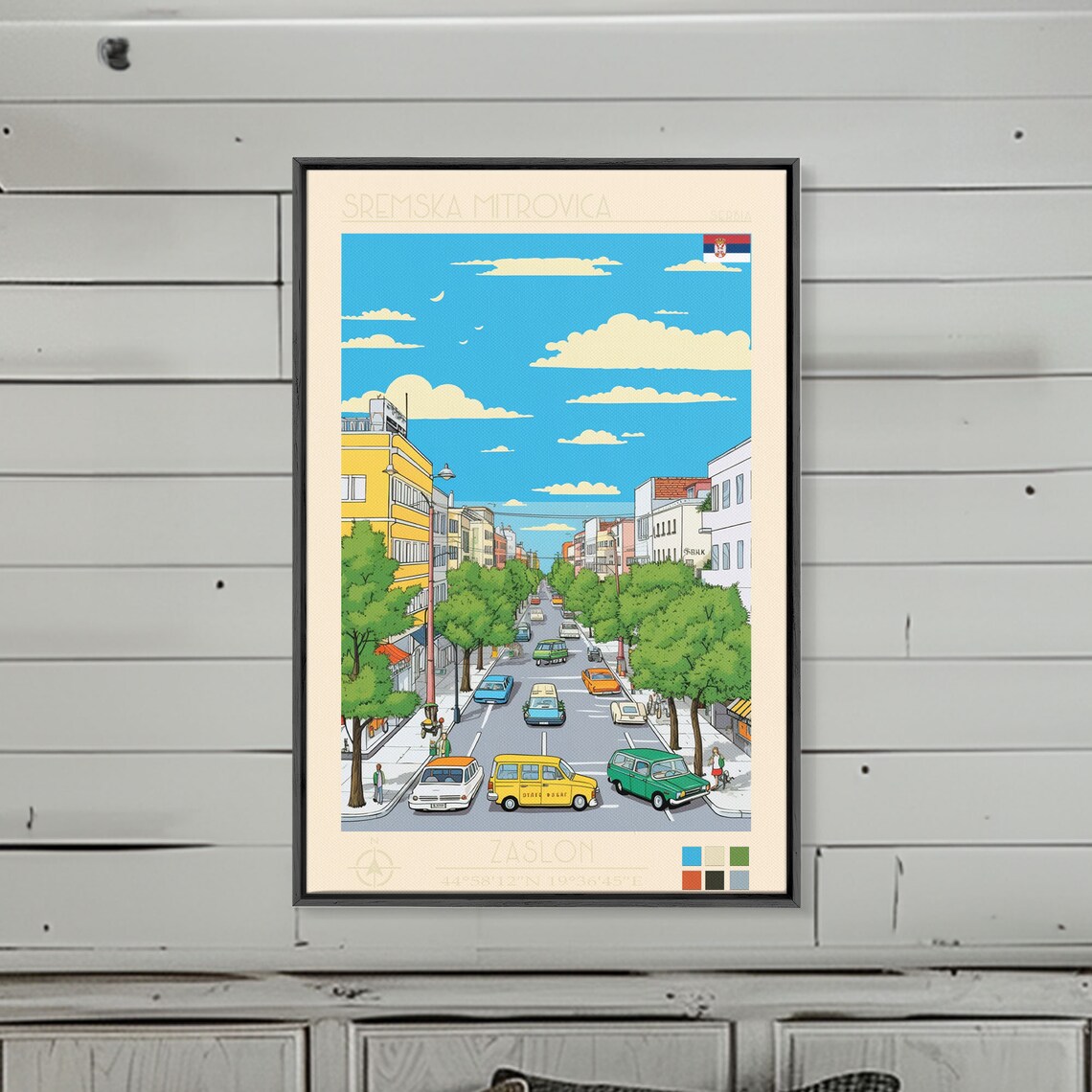 Sremska Mitrovica Serbia Vintage Cars Tree Lined Street Travel Poster - Image 2