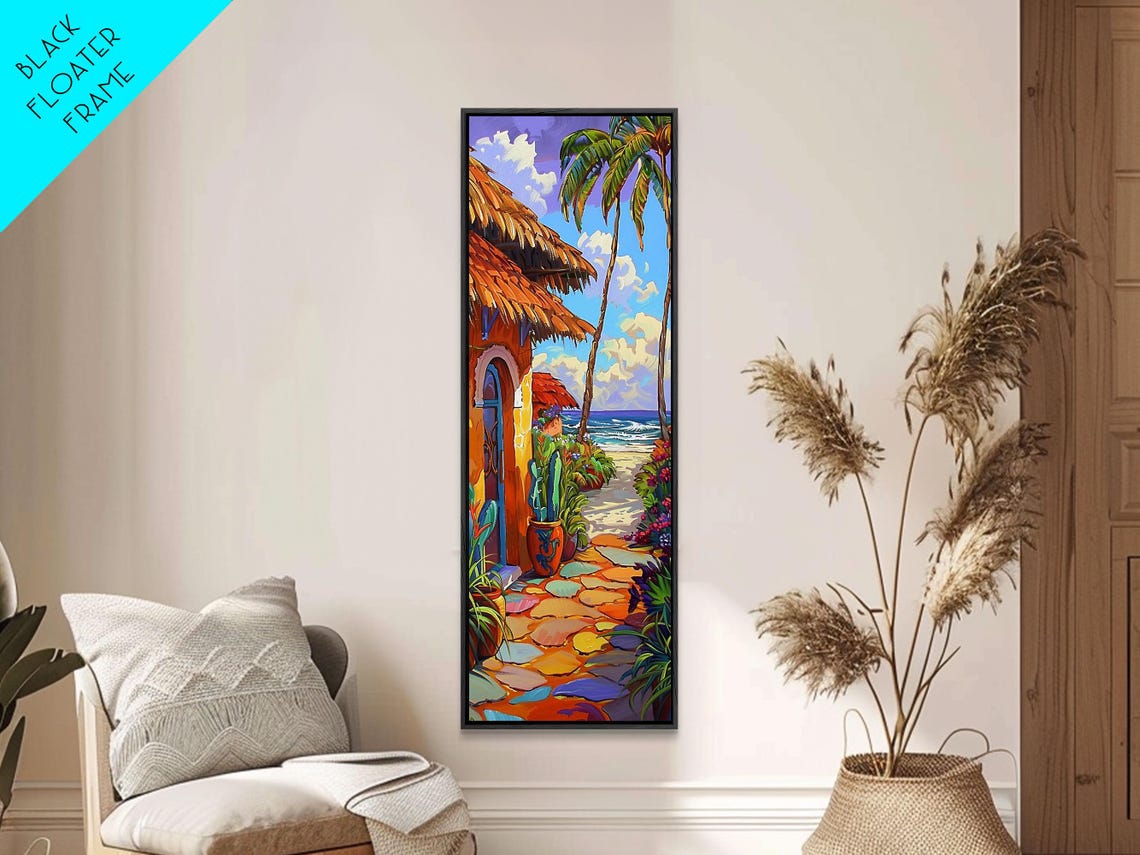 Beach Palapa Hut With Stone Path And Palm Trees Impasto Coastal Poster - Image 6