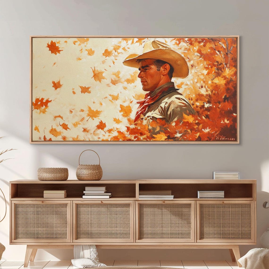 Vintage Cowboy Portrait Surrounded By Falling Autumn Leaves Print