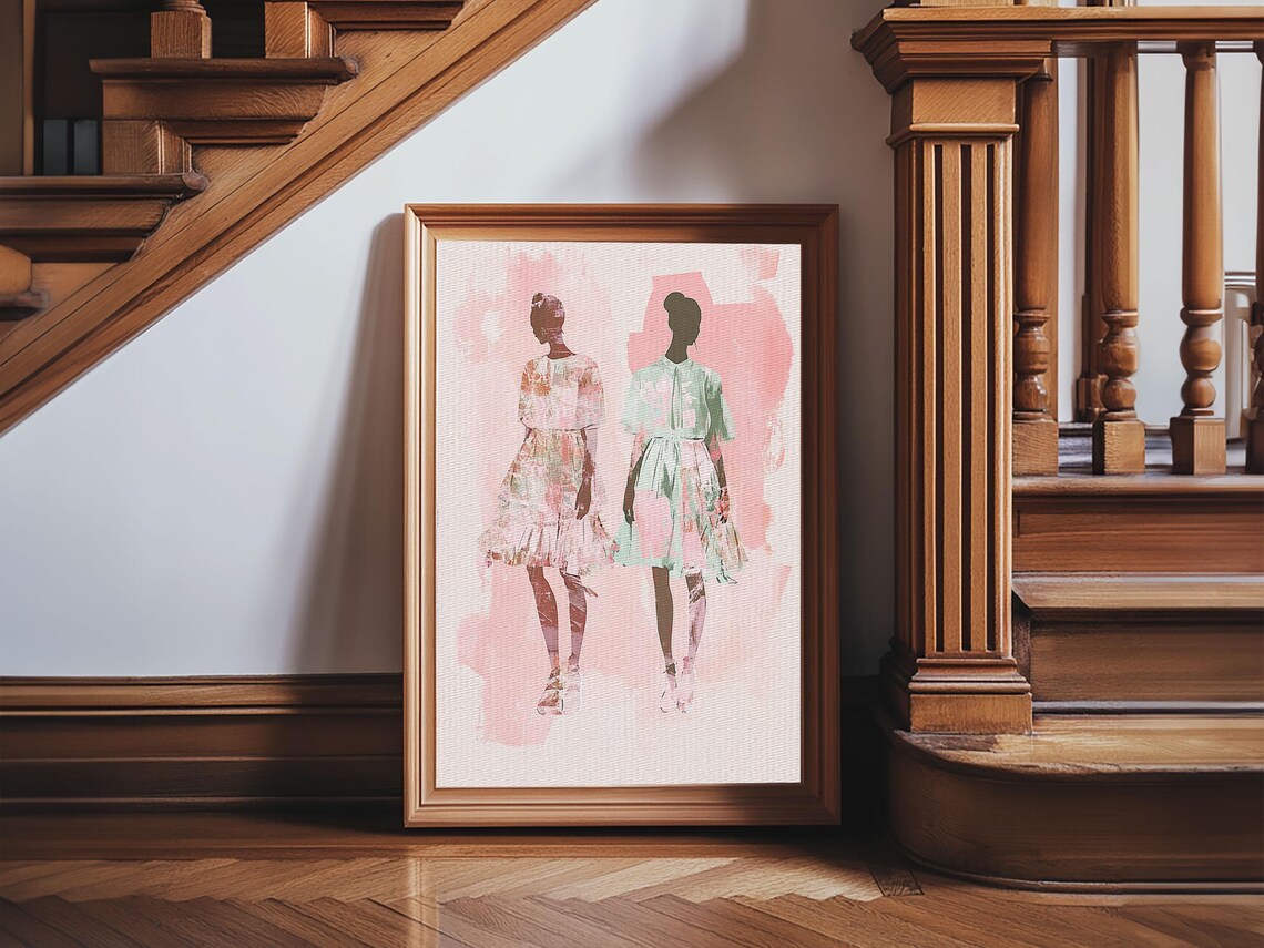Fashion Silhouettes Two Women Pink Dresses Chic Style Art Poster - Image 5