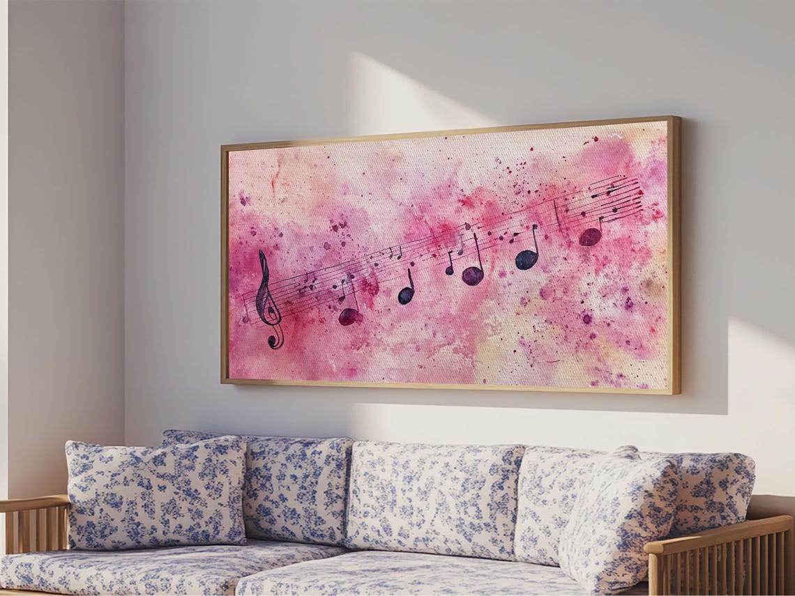 Pink Watercolor Sheet Music With Treble Clef And Floating Notes Poster - Image 4
