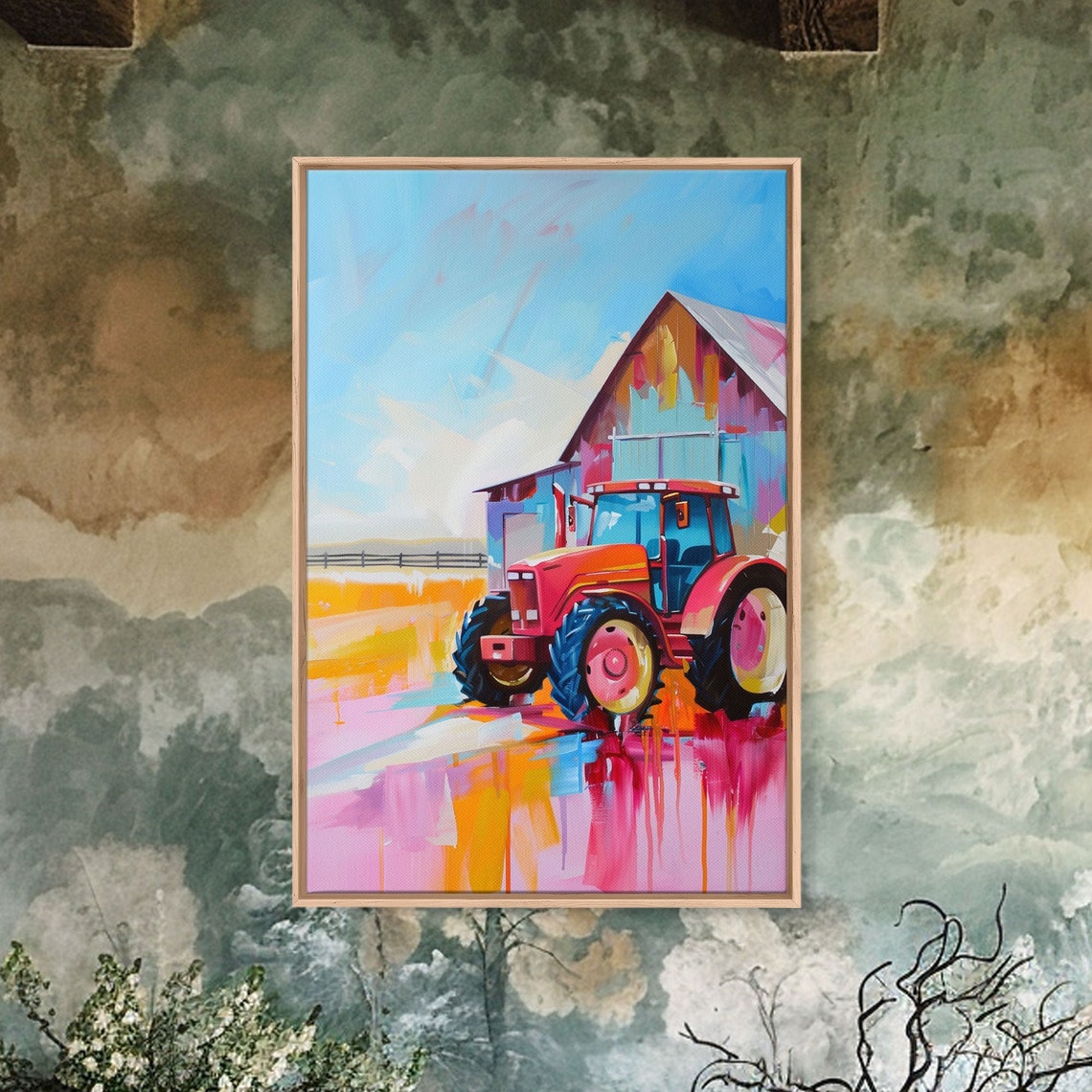 Colorful Red Tractor Barn Farm Harvest Scene Modern Art Wall Poster - Image 2