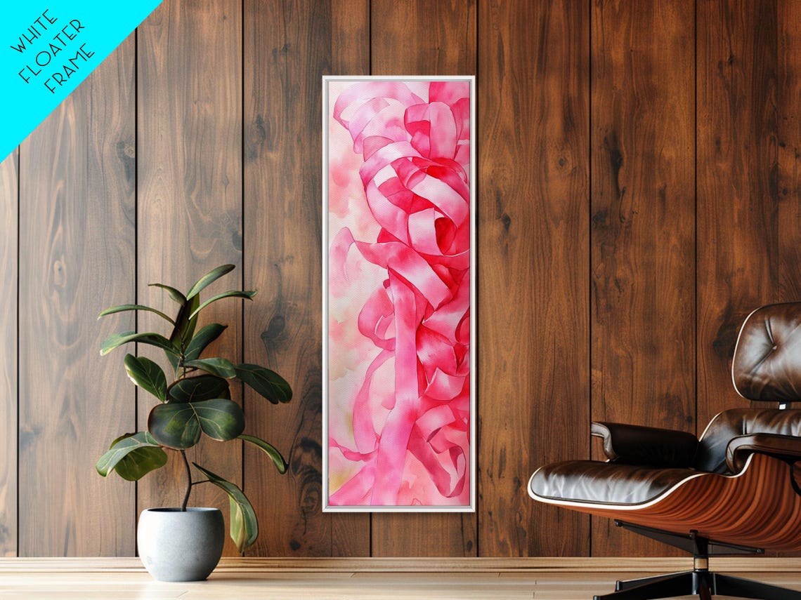 Pink Ribbon Swirls Abstract Watercolor Feminine Vertical Wall Art - Image 6