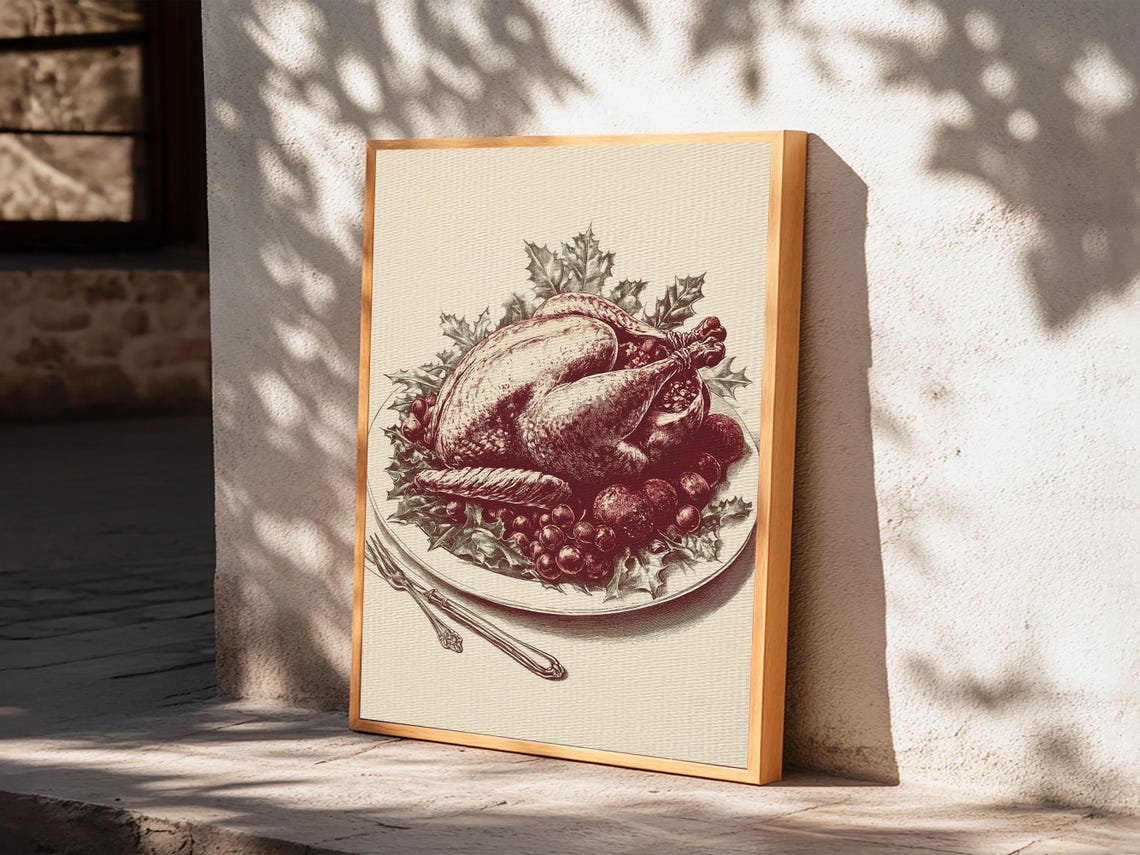 Roasted Turkey Burgundy Engraving Vintage Christmas Dinner Art Poster - Image 2