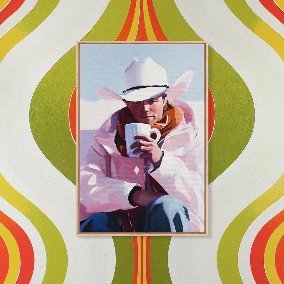 Cowboy In White Hat Holding White Mug Bright Snowy Winter Art Poster - Image 5