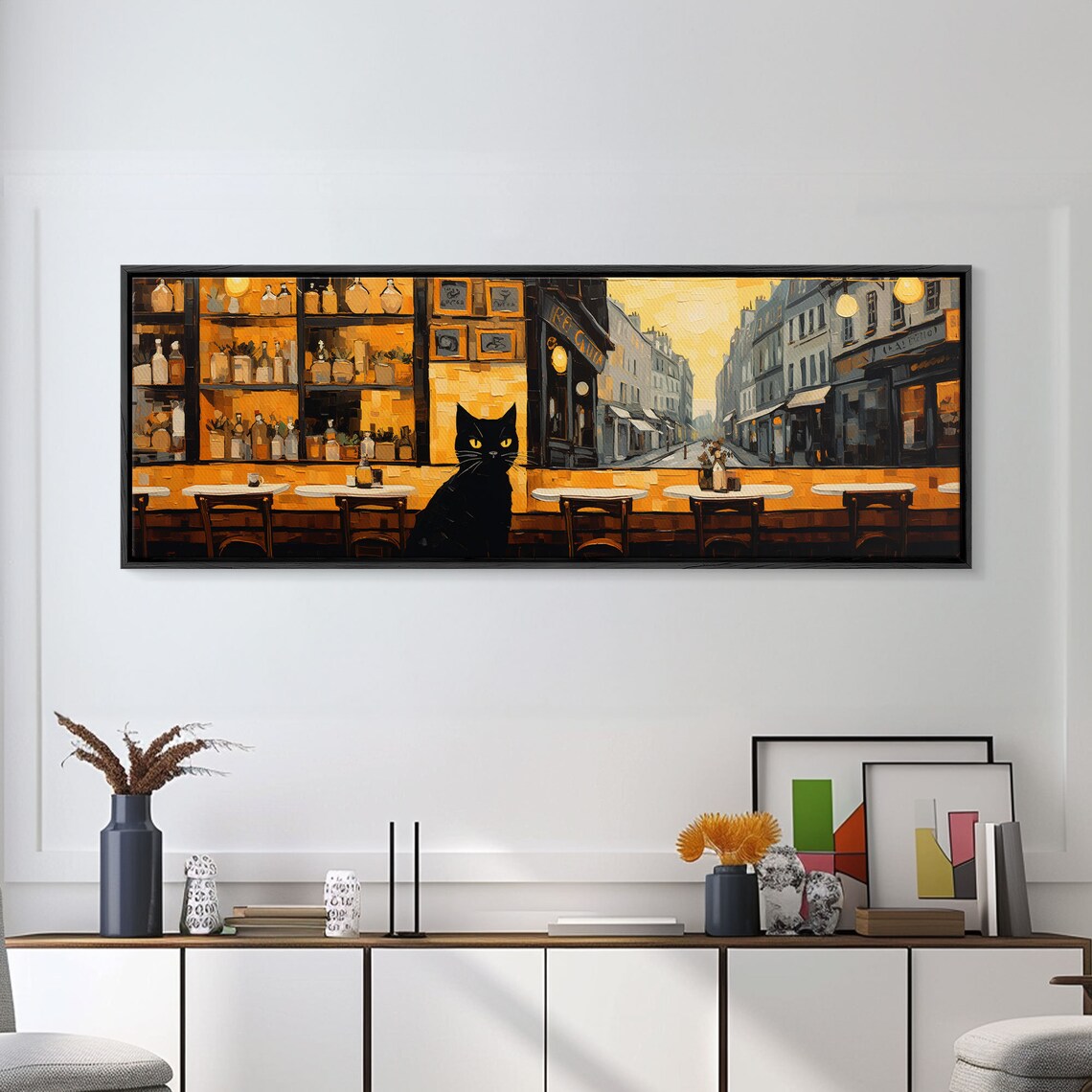 The Cat In The Cafe, Black Cat Wall Art Print - Image 3