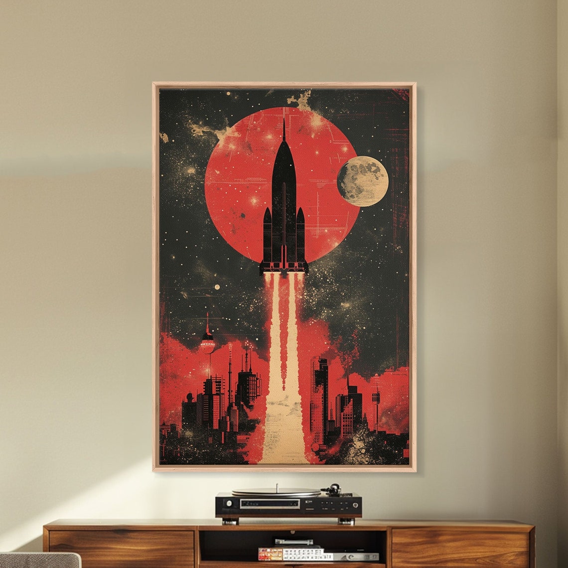Retro Rocket Launch Night Poster Over Futuristic City with Red Moon - Image 4
