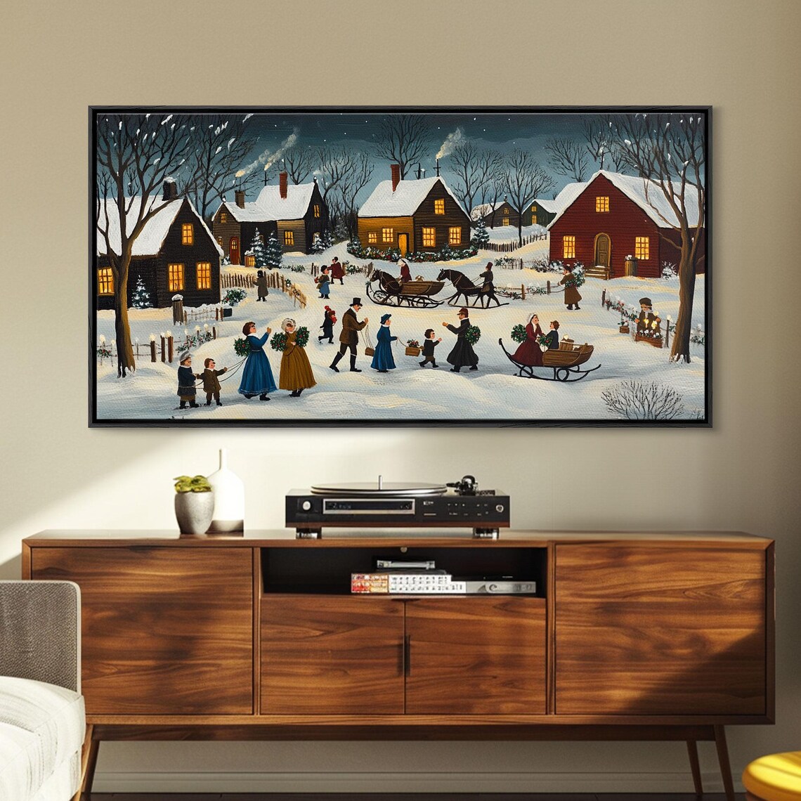 Colonial Christmas Village Sleigh Rides Folk Art Night Winter Print - Image 3
