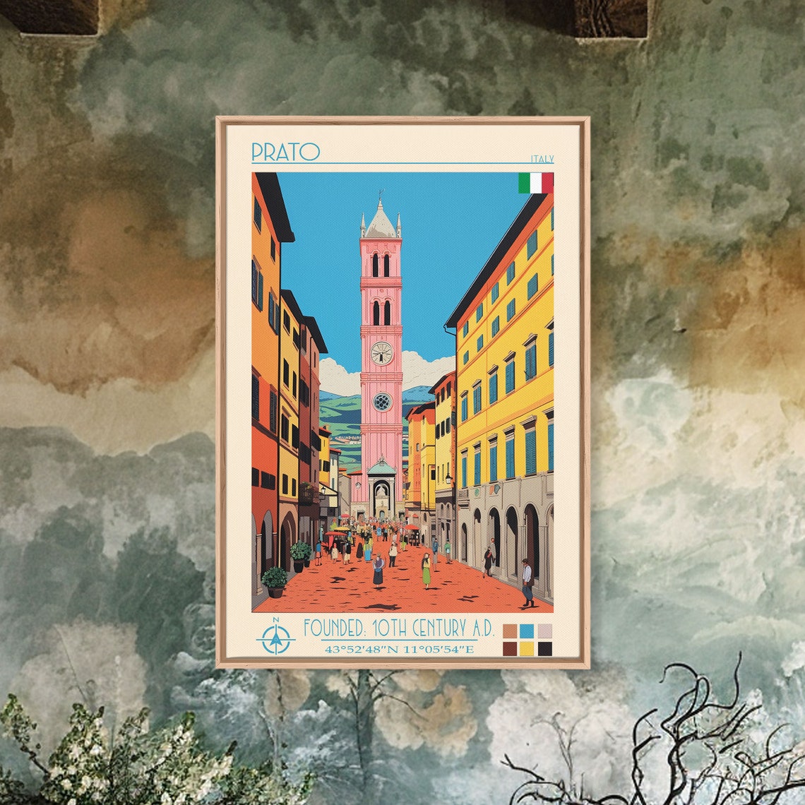 Prato Italy Bustling Street Pink Clock Tower View Travel Poster - Image 2