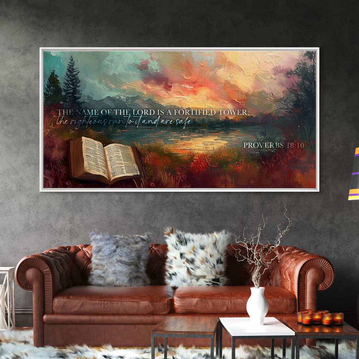 Proverbs 18:10 Scripture Wall Art Fortified Tower Sunset Lake Bible Quote Print