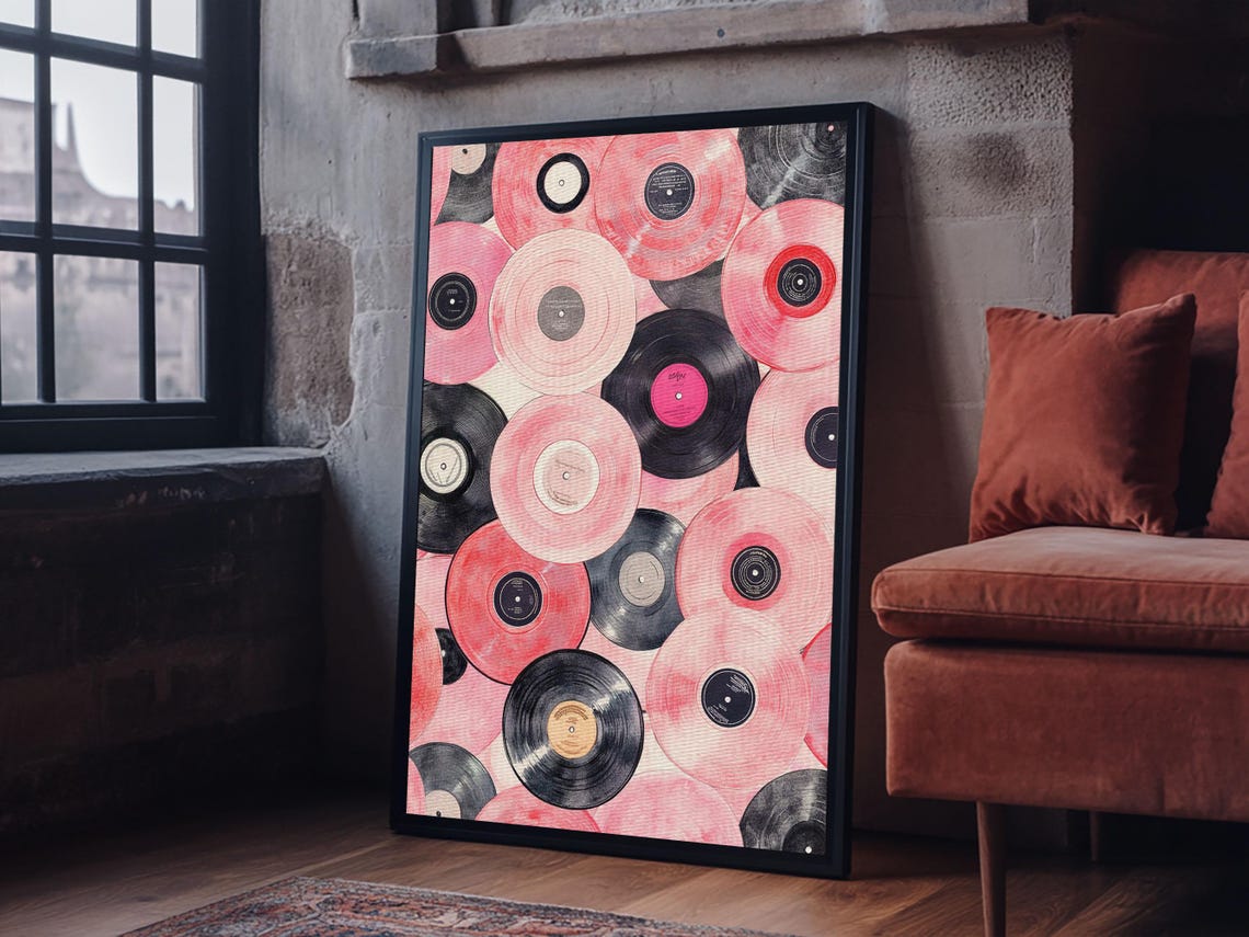 Pink And Black Vinyl Records Pattern Retro Music Wall Art Print - Image 2