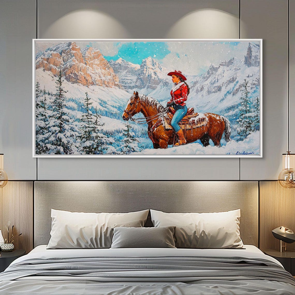 Cowgirl In Red Coat Riding Through Snowy Alpine Mountain Valley Poster - Image 2