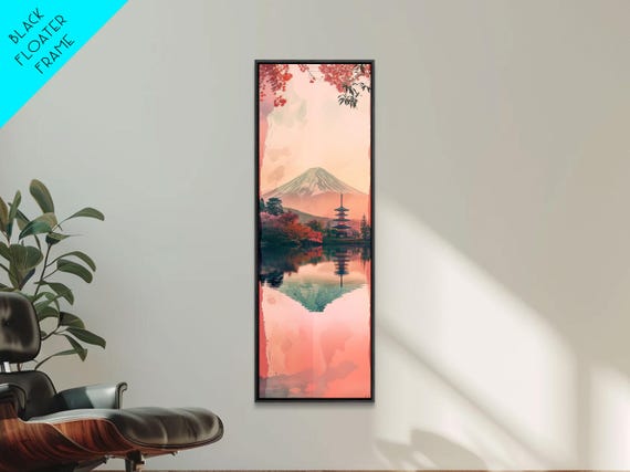 Skinny Art Tall Art Framed Print Japanese Style Art Mount Fuji Lake Reflection Red Maple Wood Block Print Ukiyo E Feng Shui Wall Art