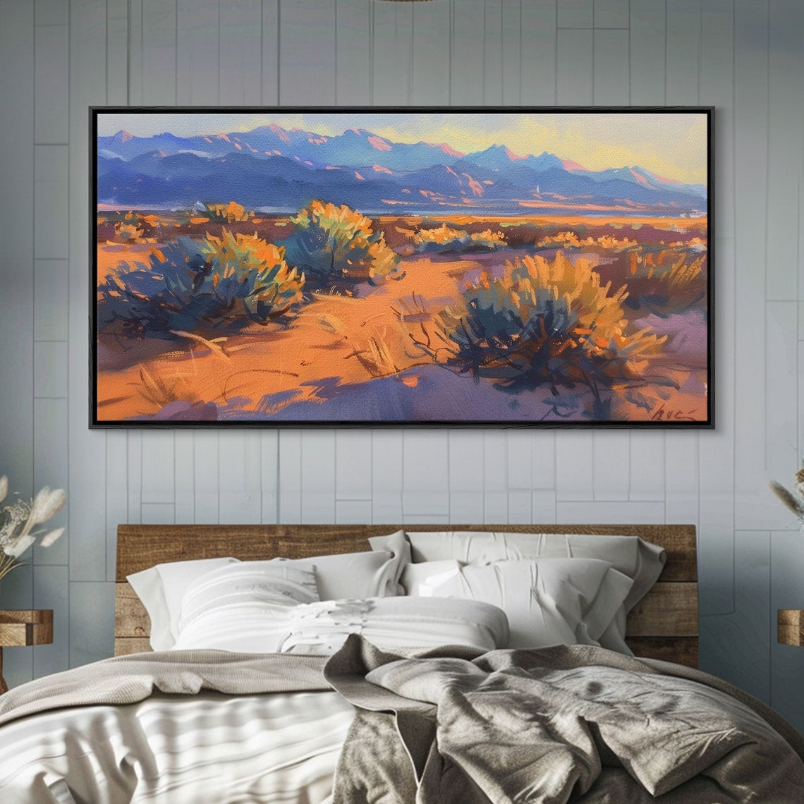 Golden Desert Dunes Sagebrush Blue Mountain Sunset Painting Poster - Image 4