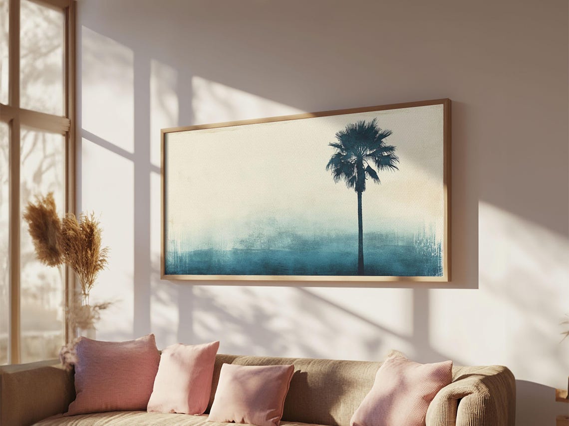 Lone Palm Tree Silhouette Blue Coastal Watercolor Minimalist Wall Art - Image 3